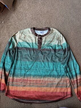 Striped Gradient Long-Sleeve Henley Shirt - Teal, Brown, Red